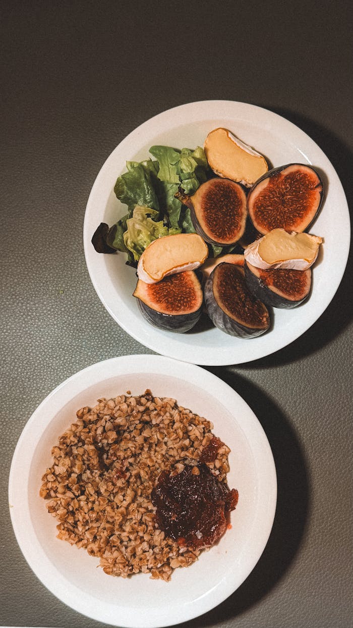 Tasty fig salad paired with nutritious buckwheat and preserves, perfect for a healthy meal.